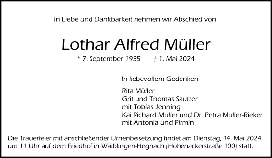 Traueranzeige von Lothar Alfred Müller von Waiblinger Kreiszeitung