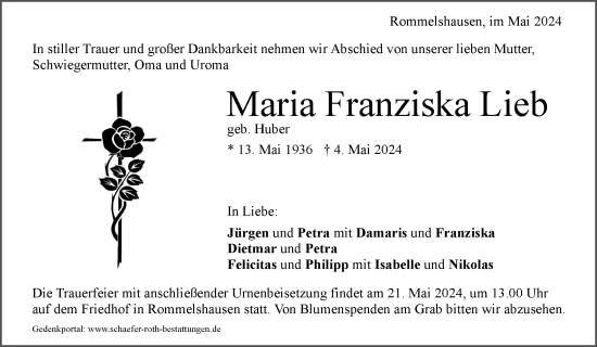 Traueranzeige von Maria Franziska Lieb von Waiblinger Kreiszeitung