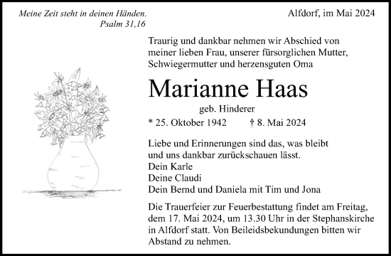 Traueranzeige von Marianne Haas von Waiblinger Kreiszeitung