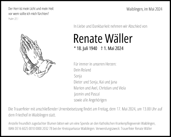 Traueranzeige von Renate Wäller von Waiblinger Kreiszeitung
