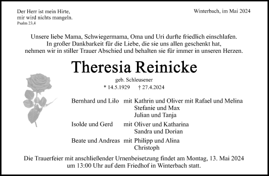 Traueranzeige von Theresia Reinicke von Waiblinger Kreiszeitung