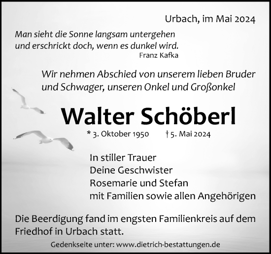 Traueranzeige von Walter Schöberl von Waiblinger Kreiszeitung