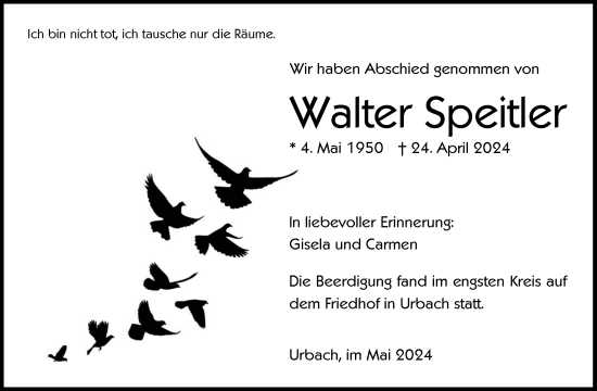Traueranzeige von Walter Speitler von Waiblinger Kreiszeitung