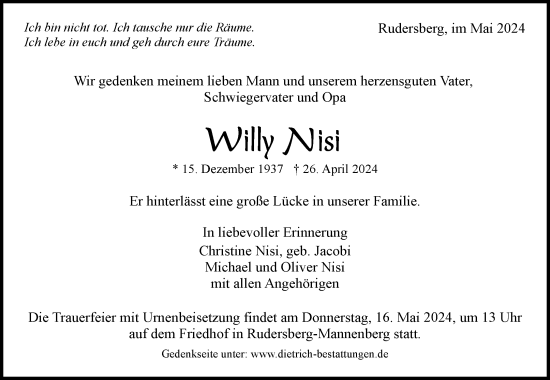 Traueranzeige von Willy Nisi von Waiblinger Kreiszeitung
