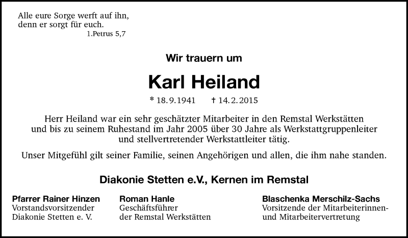  Traueranzeige für Karl Heiland vom 21.02.2015 aus Waiblinger Kreiszeitung