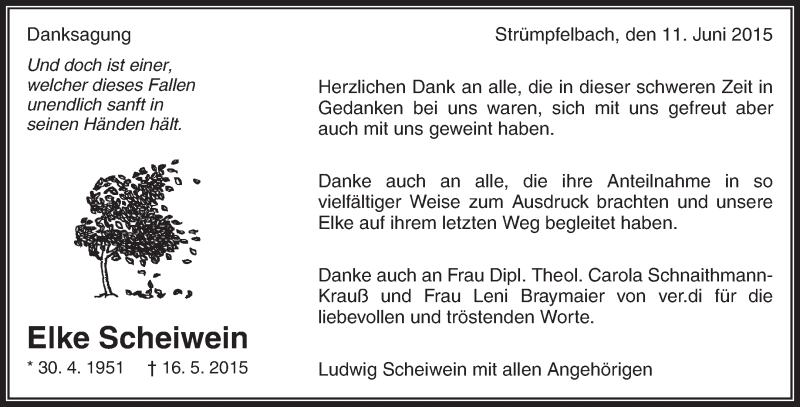 Traueranzeige für Elke Scheiwein vom 11.06.2015 aus Waiblinger Kreiszeitung