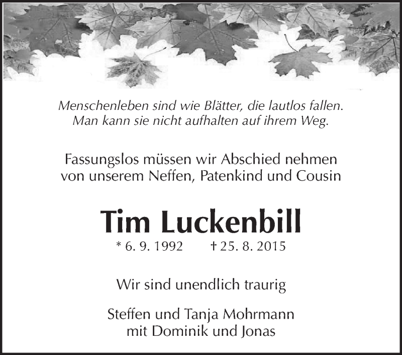  Traueranzeige für Tim Luckenbill vom 03.09.2015 aus Waiblinger Kreiszeitung