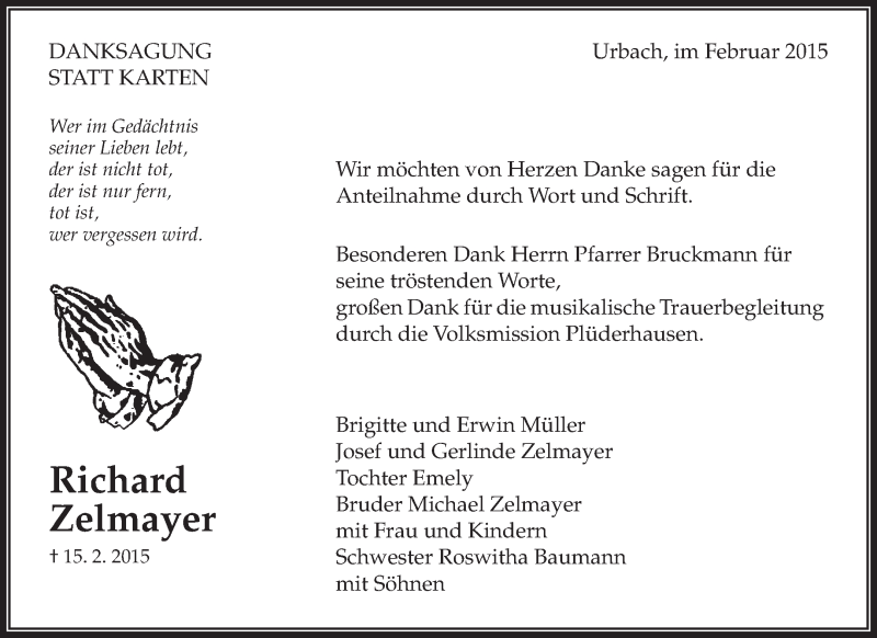  Traueranzeige für Richard Zelmayer vom 05.03.2015 aus Waiblinger Kreiszeitung