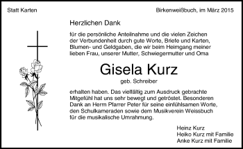 Traueranzeige von Gisela Kurz von Waiblinger Kreiszeitung