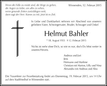 Traueranzeige von Helmut Bahler von Waiblinger Kreiszeitung