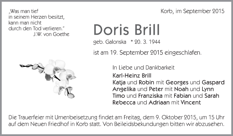  Traueranzeige für Doris Brill vom 23.09.2015 aus Waiblinger Kreiszeitung