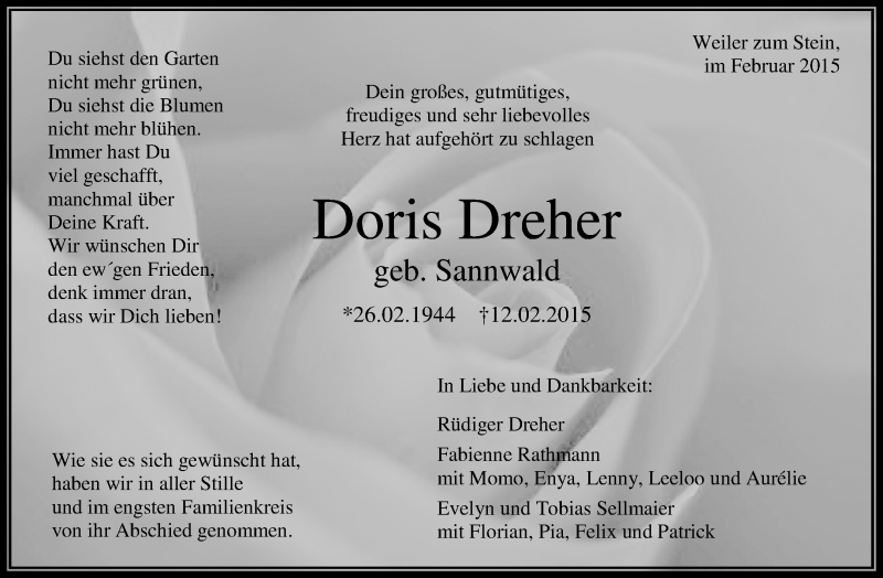  Traueranzeige für Doris Dreher vom 27.02.2015 aus Waiblinger Kreiszeitung