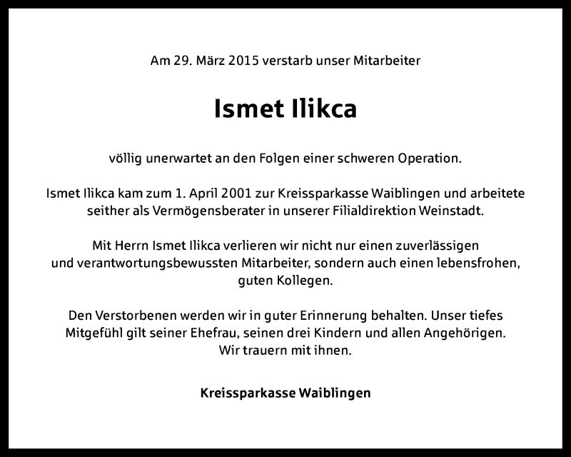  Traueranzeige für Ismet Ilikca vom 04.04.2015 aus Waiblinger Kreiszeitung