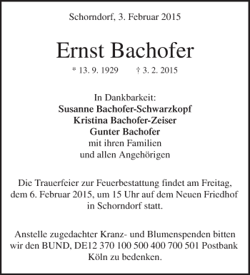 Traueranzeige von Ernst Bachofer von Waiblinger Kreiszeitung