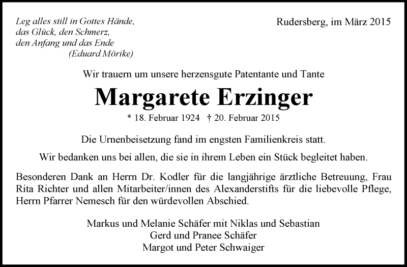  Traueranzeige für Margarete Erzinger vom 19.03.2015 aus Waiblinger Kreiszeitung