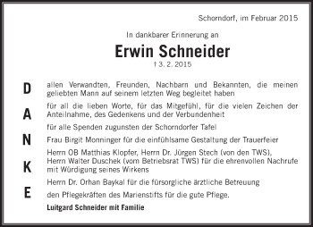 Traueranzeige von Erwin Schneider von Waiblinger Kreiszeitung