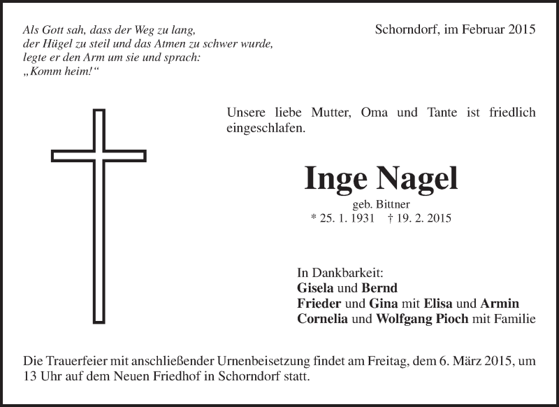  Traueranzeige für Inge Nagel vom 28.02.2015 aus Waiblinger Kreiszeitung