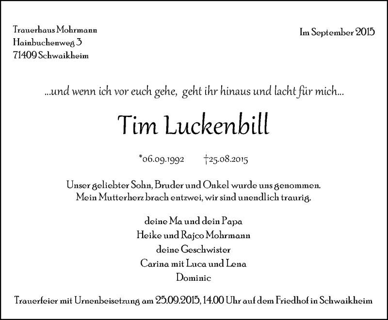  Traueranzeige für Tim Luckenbill vom 12.09.2015 aus Waiblinger Kreiszeitung