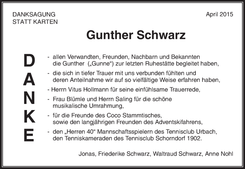  Traueranzeige für Gunther Schwarz vom 11.04.2015 aus Waiblinger Kreiszeitung