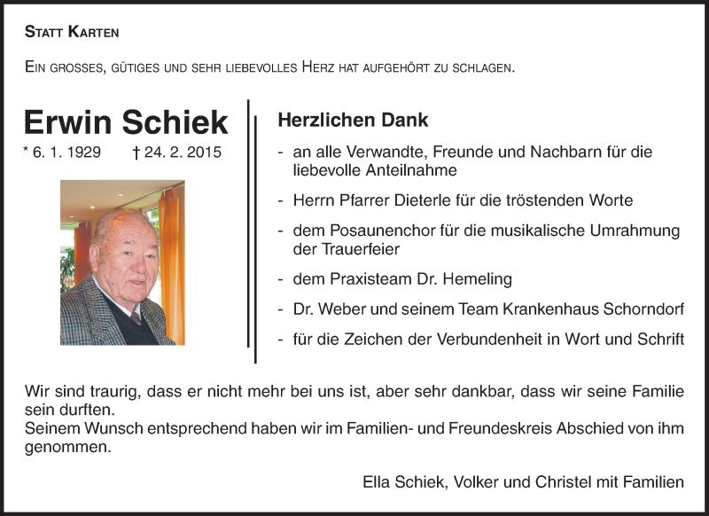  Traueranzeige für Erwin Schiek vom 13.03.2015 aus Waiblinger Kreiszeitung