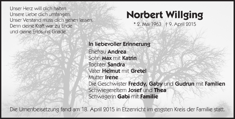  Traueranzeige für Norbert Willging vom 23.04.2015 aus Waiblinger Kreiszeitung