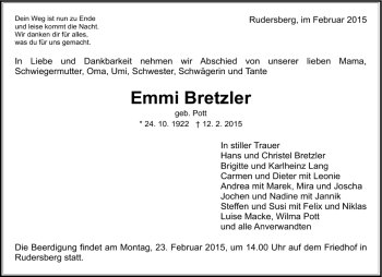 Traueranzeige von Emmi Bretzler von Waiblinger Kreiszeitung