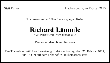 Traueranzeige von Richard Lämmle von Waiblinger Kreiszeitung