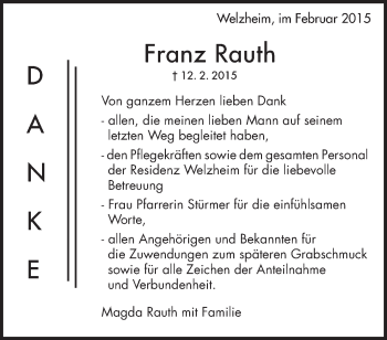 Traueranzeige von Franz Rauth von Waiblinger Kreiszeitung