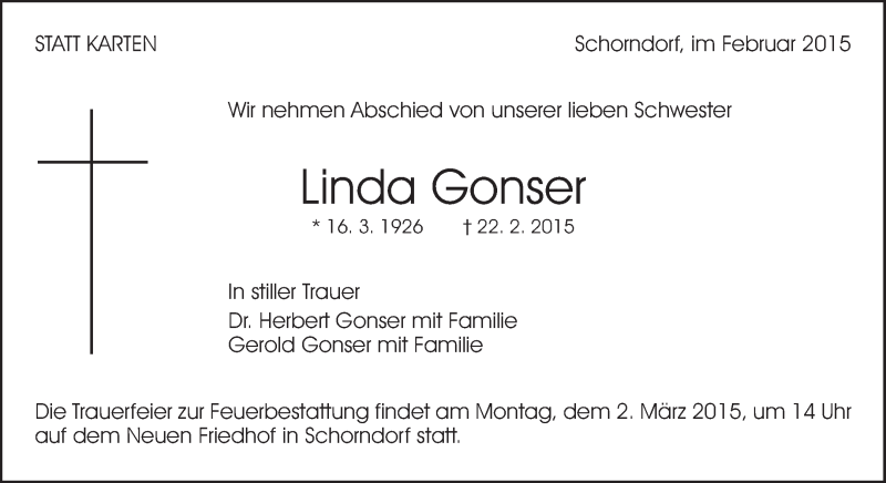  Traueranzeige für Linda Gonser vom 27.02.2015 aus Waiblinger Kreiszeitung