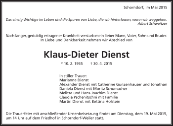 Traueranzeige von Klaus-Dieter Dienst von Waiblinger Kreiszeitung