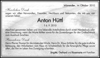 Traueranzeige von Anton Hüttl von Kreiszeitung Waiblingen