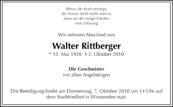 Traueranzeige von Walter Rittberger von Kreiszeitung Waiblingen