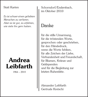 Traueranzeige von Andrea Leibfarth von Kreiszeitung Waiblingen
