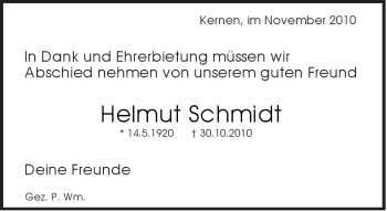 Traueranzeige von Helmut Schmidt von Kreiszeitung Waiblingen