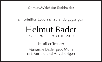 Traueranzeige von Helmut Bader von Kreiszeitung Waiblingen