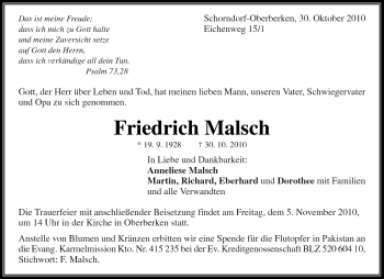 Traueranzeige von Friedrich Malsch von Kreiszeitung Waiblingen