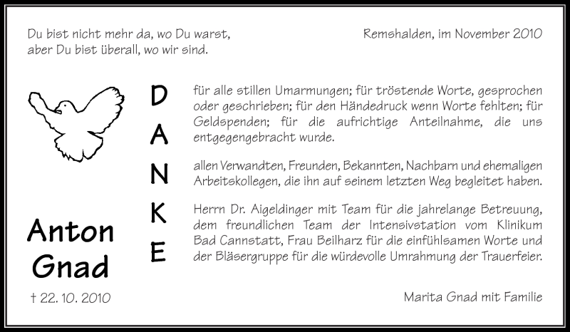  Traueranzeige für Anton Gnad vom 06.11.2010 aus Kreiszeitung Waiblingen