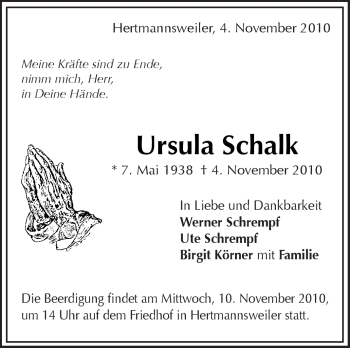 Traueranzeige von Ursula Schalk von Kreiszeitung Waiblingen