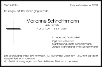Traueranzeige von Marianne Schnaithmann von Kreiszeitung Waiblingen