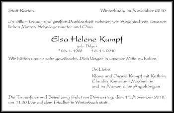Traueranzeige von Elsa Helene Kumpf von Kreiszeitung Waiblingen