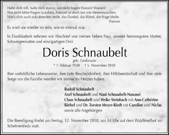 Traueranzeige von Doris Schnaubelt von Kreiszeitung Waiblingen