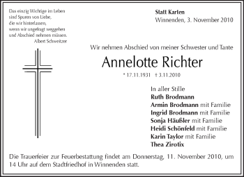 Traueranzeige von Annelotte Richter von Kreiszeitung Waiblingen