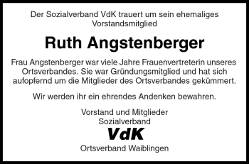 Traueranzeige von Ruth Angstenberger von Kreiszeitung Waiblingen