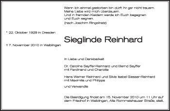 Traueranzeige von Sieglinde Reinhard von Kreiszeitung Waiblingen