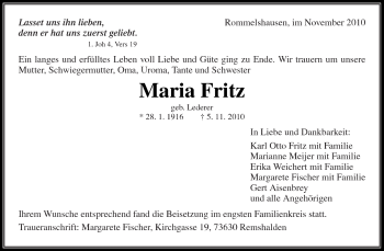 Traueranzeige von Maria Fritz von Kreiszeitung Waiblingen