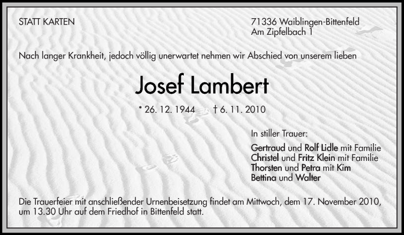  Traueranzeige für Josef Lambert vom 13.11.2010 aus Kreiszeitung Waiblingen