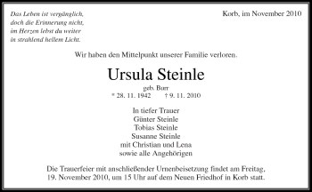 Traueranzeige von Ursula Steinle von Kreiszeitung Waiblingen