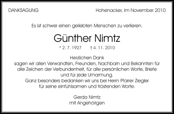 Traueranzeige von Günther Nimtz von Kreiszeitung Waiblingen