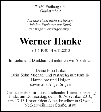 Traueranzeige von Werner Hanke von Kreiszeitung Waiblingen