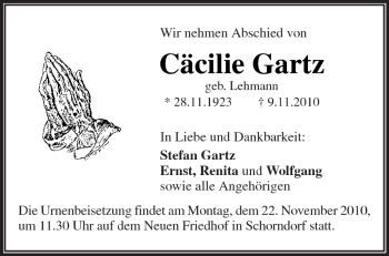 Traueranzeige von Cäcilie Gartz von Kreiszeitung Waiblingen